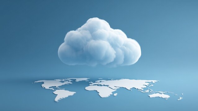 Bold Cloud Computing Icon Hovering Above Simplified World Map: Global Data Storage and Network Integration. - Powered by Adobe