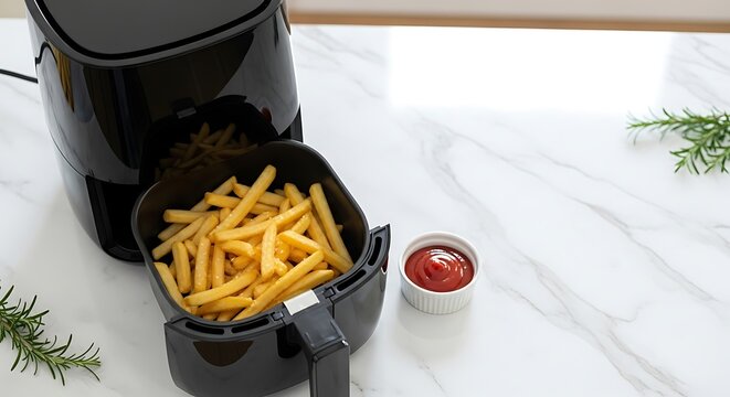 Crispy golden french fries in an air fryer basket served with ketchup on a marble countertop, a quick and easy snack