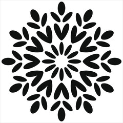 Minimalist black snowflake vector. Stylized geometric snow crystal silhouette. Isolated winter and Christmas holiday decoration icon. Floral mandala pattern design element.