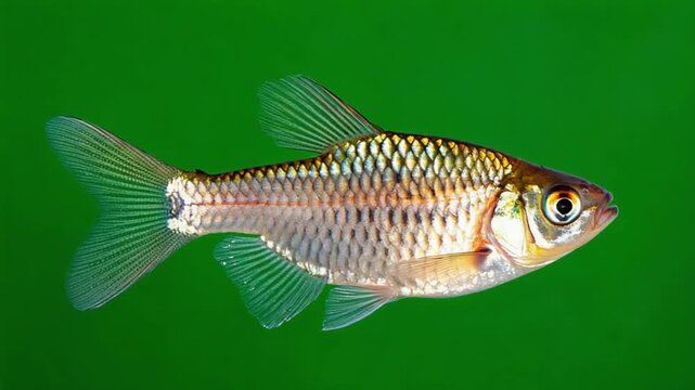 Close up view of a rosy barb fish swimming in front of a green colored background image here green screen fish video