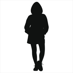 Urban Winter Fashion Female Silhouette Vector - Sporty Hoodie Dress Streetwear Illustration, Monochrome Minimalist Design for Apparel Branding, Cold Season Style Graphic for Clothing Collections Chic.