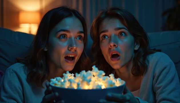 Two young women watch a shocking scene. They hold bowl with popcorn. Their faces shows surprise emotion when looking TV at home. Home cinema for friends in the evening. - Powered by Adobe