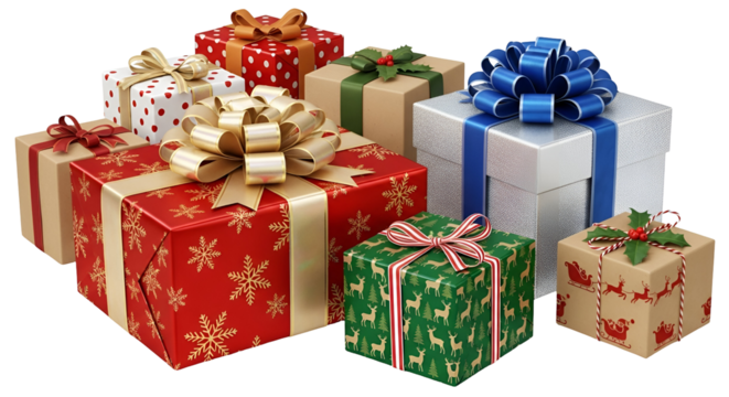 Festive Array of Holiday Presents Wrapped in Decorative Papers and Adorned with Ribbons Gifts for Christmas Celebrations Season of Giving Joyful Presents for Family and Friends Sparkling Christmas