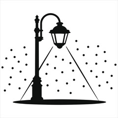 Winter Streetlight Vector Illustration – Snowy Night Scene with Lamp Post, Falling Snow, Minimalist Black and White Art, Urban Winter Landscape, Peaceful Nighttime, Seasonal Holiday Background