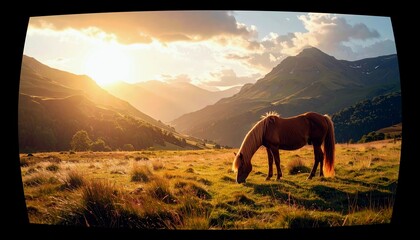 A lone brown horse grazes peacefully in a grassy meadow as the sun sets behind majestic mountains, casting a warm golden glow over the landscape.
