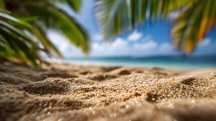 Sandy beach with palm leaves and ocean view tropical