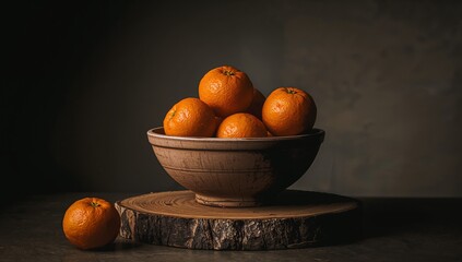 Citrus Composition in Earth Tones. Bowl of Fruits on Wooden Base, Still Life. © Den Boro Day
