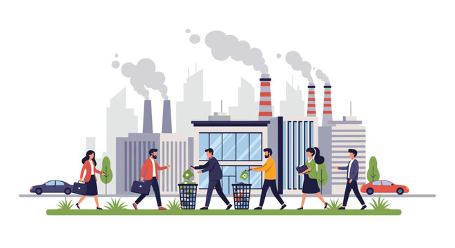 Diverse professionals embrace sustainability, discarding waste responsibly near modern industrial facilities and city skyline