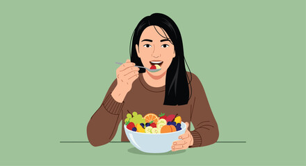 Delighted woman enjoys a vibrant, refreshing bowl of mixed fresh fruit, savoring a healthy, delicious meal