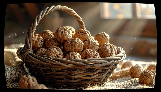 A rustic woven basket filled with whole, textured walnuts sits on a burlap cloth, illuminated by soft, natural light. - Powered by Adobe