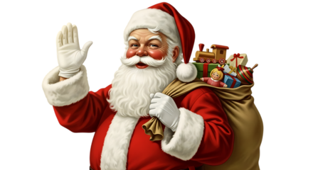 Santa Claus, a jolly man with a white beard, waves while carrying a bag of gifts.