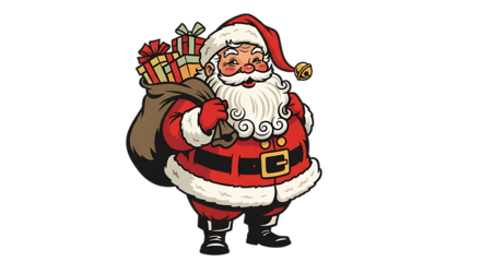 A cheerful, plump Santa Claus wearing his iconic red suit and hat, carrying a sack full of gifts over his shoulder.