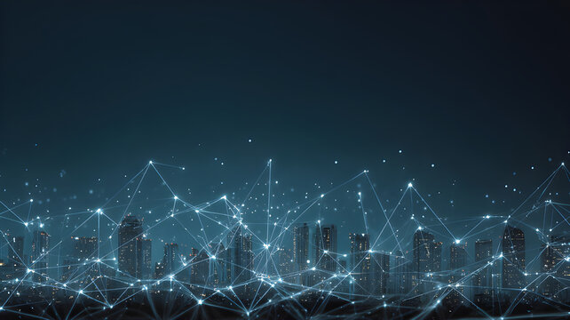 Glowing Interconnected API Nodes Above City Skyline with Light Streams Linking Financial Icons, Digital Network, Teal, Navy, and Silver, Clean Corporate Futuristic Illustration