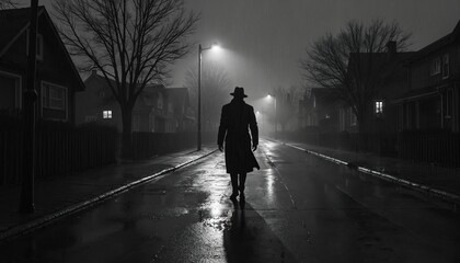Man in fedora hat and trench coat walks down wet street at night. Streetlights cast glow through rain and fog. Houses line the dark suburban road.