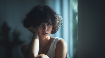 Serene portrait of woman bathed in light, short hair and contemplative gaze