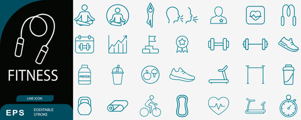 Fitness gym workout line icons set, sport vector design