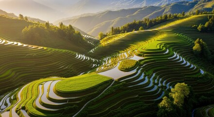 Breathtaking aerial view of lush green rice terraces reflecting sunlight in Asia showcasing