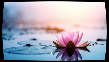 A vibrant pink lotus flower rests on the surface of tranquil water, surrounded by lily pads, with a gentle sunrise glow in the background.