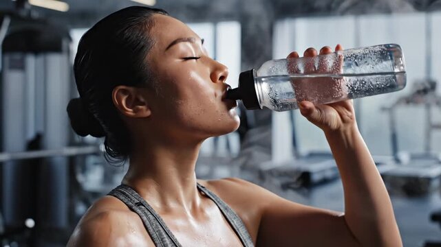Asian woman catching her breath after intense gym training, sweat on her face and body, eyes closed in focused recovery, showing determination and athletic endurance