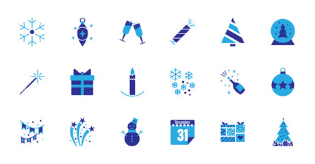Fototapeta premium A set of New Year and Christmas flat icons. This collection includes a snowflake, champagne glasses, gift box, snowman, calendar, Christmas tree, champagne, celebration, fireworks icons.