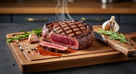 Delicious grilled beef steak with herbs and garlic on a wooden cutting board presented in a