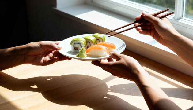 Person taking sushi with chopsticks from a plate held by another person. Sharing a Japanese meal with salmon nigiri and avocado rolls by a sunny window