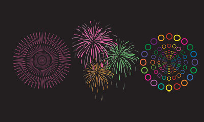 set of beautiful fireworks, vector illustration, icons isolated on dark blue background. Happy New Year card, poster, banner. Simple flat linear design.