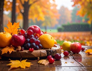 Fresh autumn fruits on wooden table in rainy weather, apples and grapes with fall leaves, AI generated image