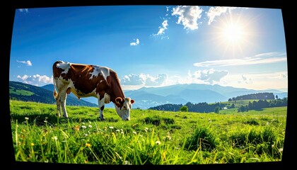 A brown and white cow grazes peacefully in a vibrant green mountain meadow under a clear blue sky with a bright sun.