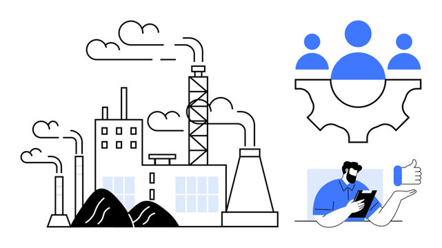 Factory with chimneys releasing fumes, cogwheel with team icons, and person working on device with thumbs-up icon. Ideal for teamwork, industry, efficiency, innovation, operations, feedback