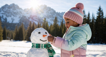 A young girl making a snowman in a snowy mountain landscape. Child playing outdoors on a sunny winter day
