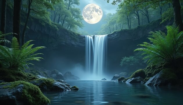 Full moon shines above forest waterfall cascading into still pool. Mist rises from jungle rocks and ferns. Serene nature scene unfolds at night. - Powered by Adobe