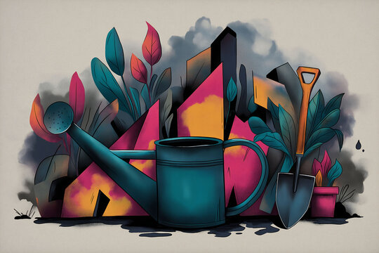 Logo for gardening enthusiasts with plants, shovel, and watering can in vivid graffiti style