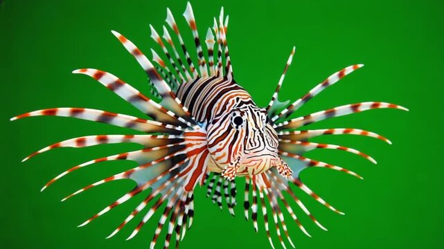 Close up view of a lionfish with white and brown stripes against a green colored background green screen fish video