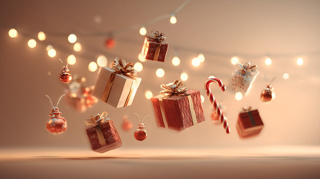 Festive christmas gifts and ornaments floating with warm lights - Powered by Adobe