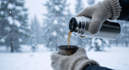 Hands in warm gloves pouring hot tea from a thermos into a mug in a snowy forest. Cozy winter break with a warm beverage outdoors during a snowfall