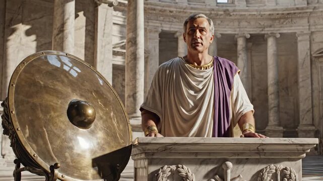Roman senator in toga and palla delivers oration from marble podium beside a scutum in a grand classical temple with columns, embodying authority and civic tradition
