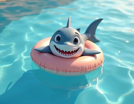 Smiling cartoon floats on pink inflatable ring in clear blue pool water. Cute ocean creature enjoys summer day, relaxes during holiday. Fun illustration, cheerful vibes, playful mood.