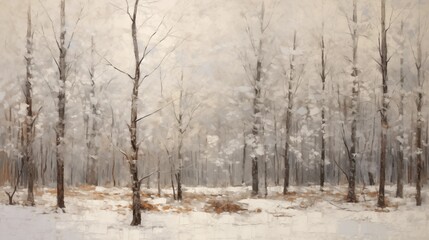A serene winter forest landscape in an impressionistic painting style. Bare trees on snow-covered ground with autumn leaves. Soft, muted colors create a peaceful, quiet, and tranquil mood.