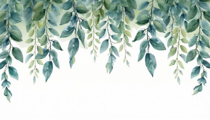 Obraz premium Watercolor painting shows hanging eucalyptus branches with green leaves. This artwork is suitable for decor, invitations, and wedding designs. It evokes a natural fresh feeling.