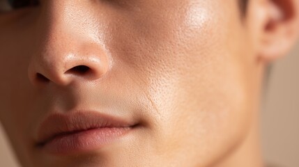 Close-up view showcasing the natural skin texture of a young man's face in soft lighting