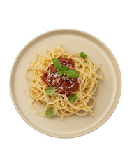 Pasta with bolognese sauce and basil on a white isolated background
