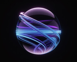Abstract sphere with glowing blue and purple light trails