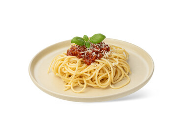 Pasta with bolognese sauce and basil on a white isolated background