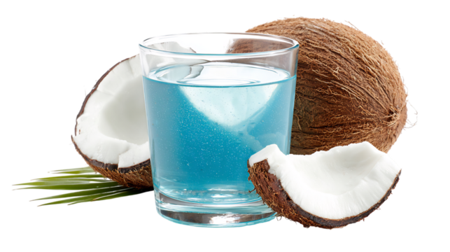 A glass of blue coconut water with a whole coconut and a halved coconut, showcasing the vibrant beverage