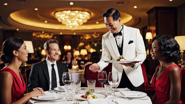 Smiling waiter in a white tuxedo jacket presenting gourmet dishes to a formally dressed diverse couple enjoying a romantic dinner in an elegant fine dining restaurant