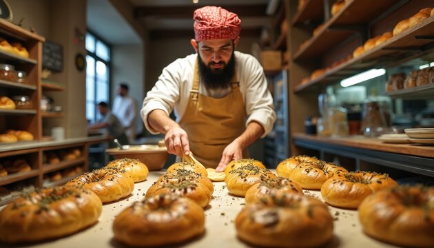 Baker in traditional attire prepares fresh manakish dough in a rustic bakery setting. He expertly shapes pastry topped with herbs, surrounded by shelves stocked with bread, loaves, and ingredients.