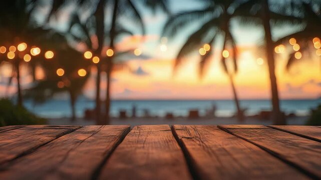 A wooden table with a view of the ocean. The table is empty. The ocean is in the background
