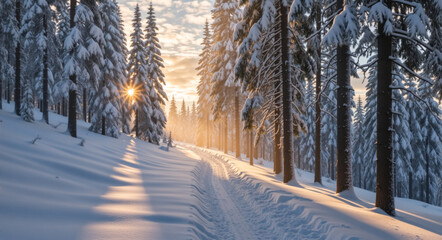 A winter forest landscape with a snow-covered path at sunrise. Golden sunlight shining through snow-laden evergreen trees creating long shadows