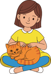 smiling girl with short brown hair, wearing a yellow top and blue pants, sitting cross-legged while gently petting an orange tabby cat resting on her lap.